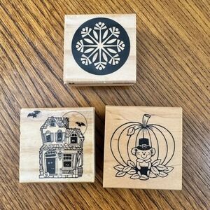 Holiday Rubber‎ Stamps Mixed Lot (3) - Haunted House, Pilgrim Mouse, Snowflake